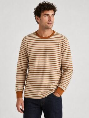 Banks Journal Tobacco Stripe 100% Organic Cotton Long Sleeve T-Shirt Sz L Surf